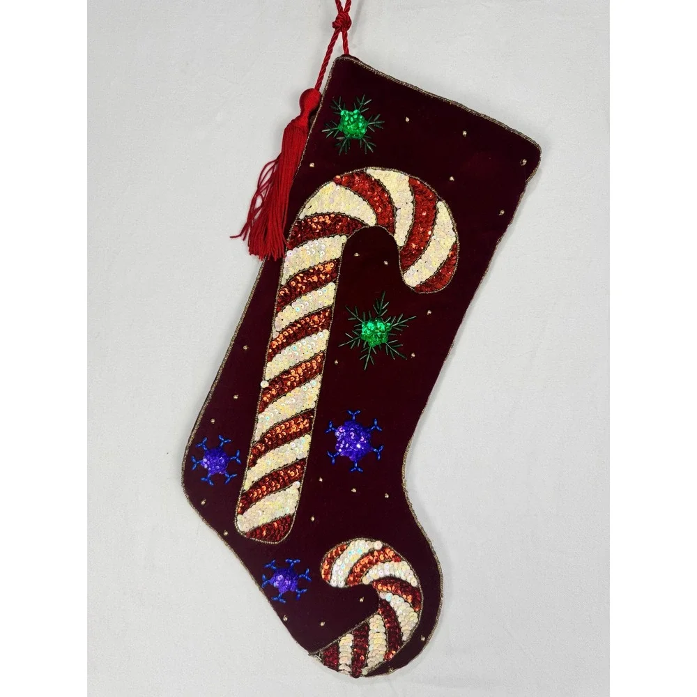 Prima Creations Velvet Christmas Stockings Navy Burgundy Sequin Candy Cane Set 2